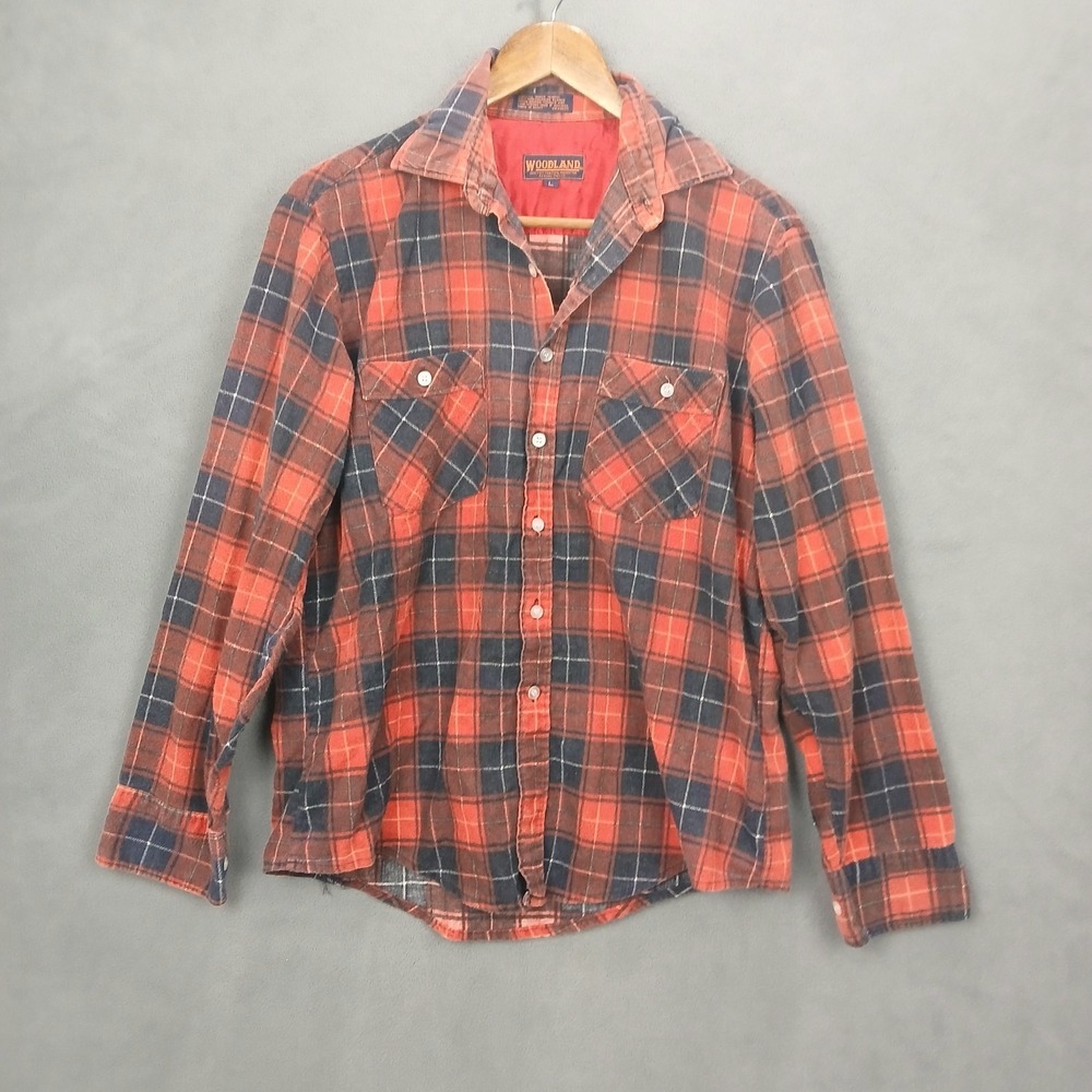 VTG Woodland Shirt Mens Large Red Blue Flannel Cotton Plaid Round Hem Button Up